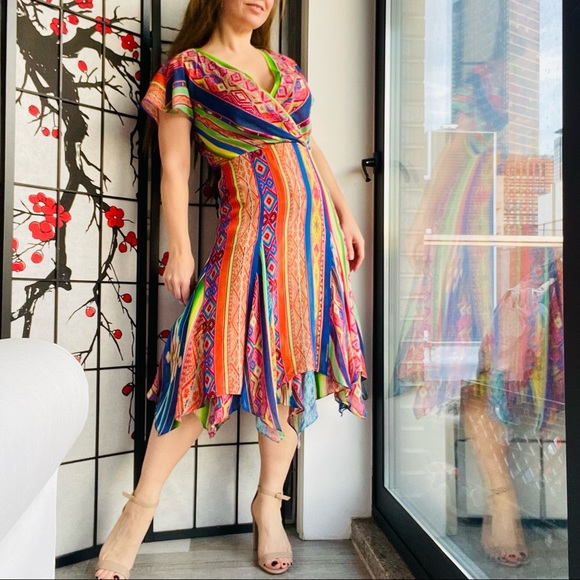 🚢Polo Ralph Lauren Multicolored Printed Silk Asymmetric Hem Detail Dress Tribal - Picture 6 of 17